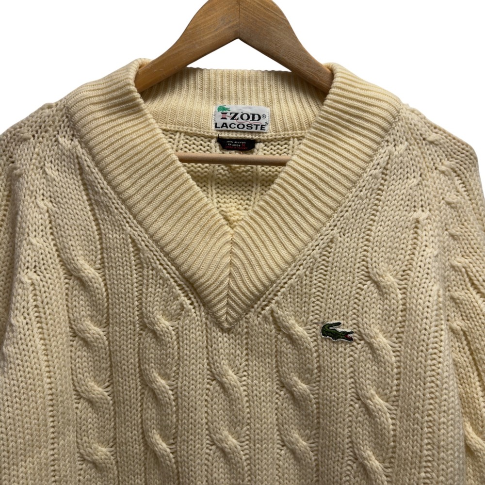 Izod Lacoste Mens Size Medium Cream Cable Knit V-Neck Vtg Tennis Cricket Sweater